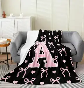 Initial Letter A-Z Flannel Throw Blanket - Soft, Cozy, Lightweight Plush Portable Cover for Girls - Black Pink Alphabet Design - Ideal for Sofa, Birthday Warm Gifts