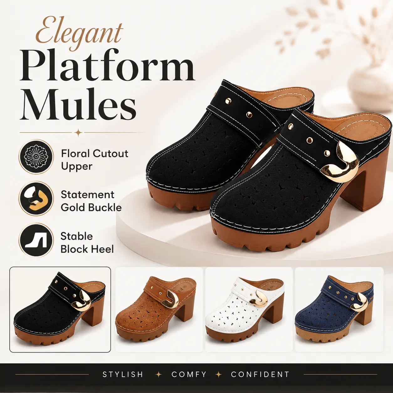 Elegant Platform Mules with Floral Cutout Upper Statement Gold Buckle & Stable Block Heel Stylish Comfy Confident