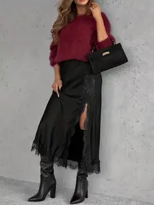 Elegant Solid Color Satin Lace Trim Skirt, Side Slit Mid-Length Fashion Versatile Bottoms, Women's Half-Sleeve Dress 10300