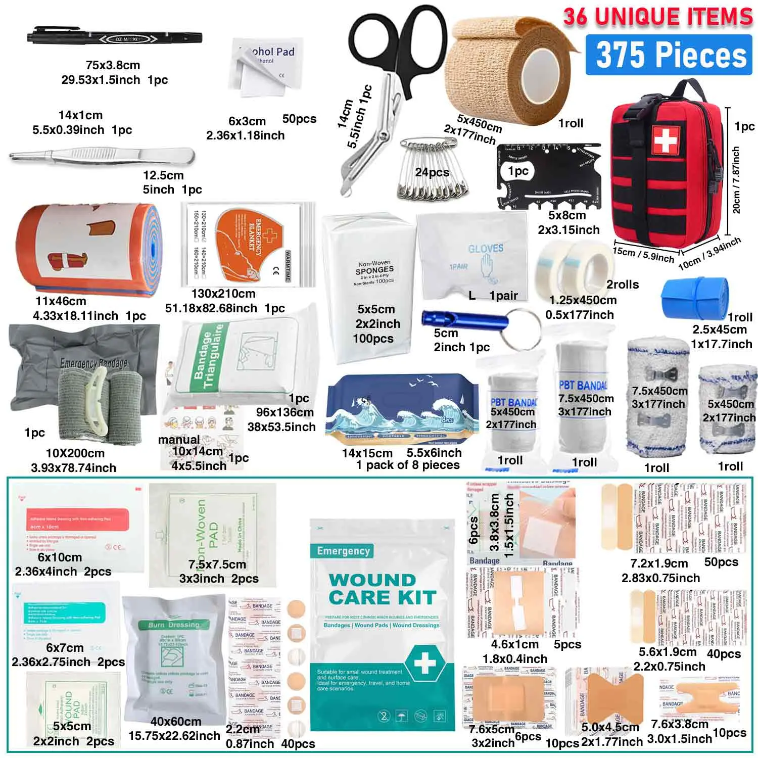 375PCS MOLLE Compact Car First Aid Kit, Portable Trauma Medical Kit with Roadside Survival Supplies for Car, Camping & Outdoor Emergency Preparedness