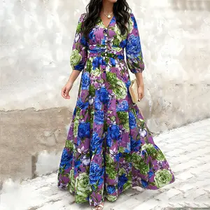 ChicMe Women's Floral V Neck Maxi Dress Shirred Back Ruffle Hem A-Line Vacation Dress
