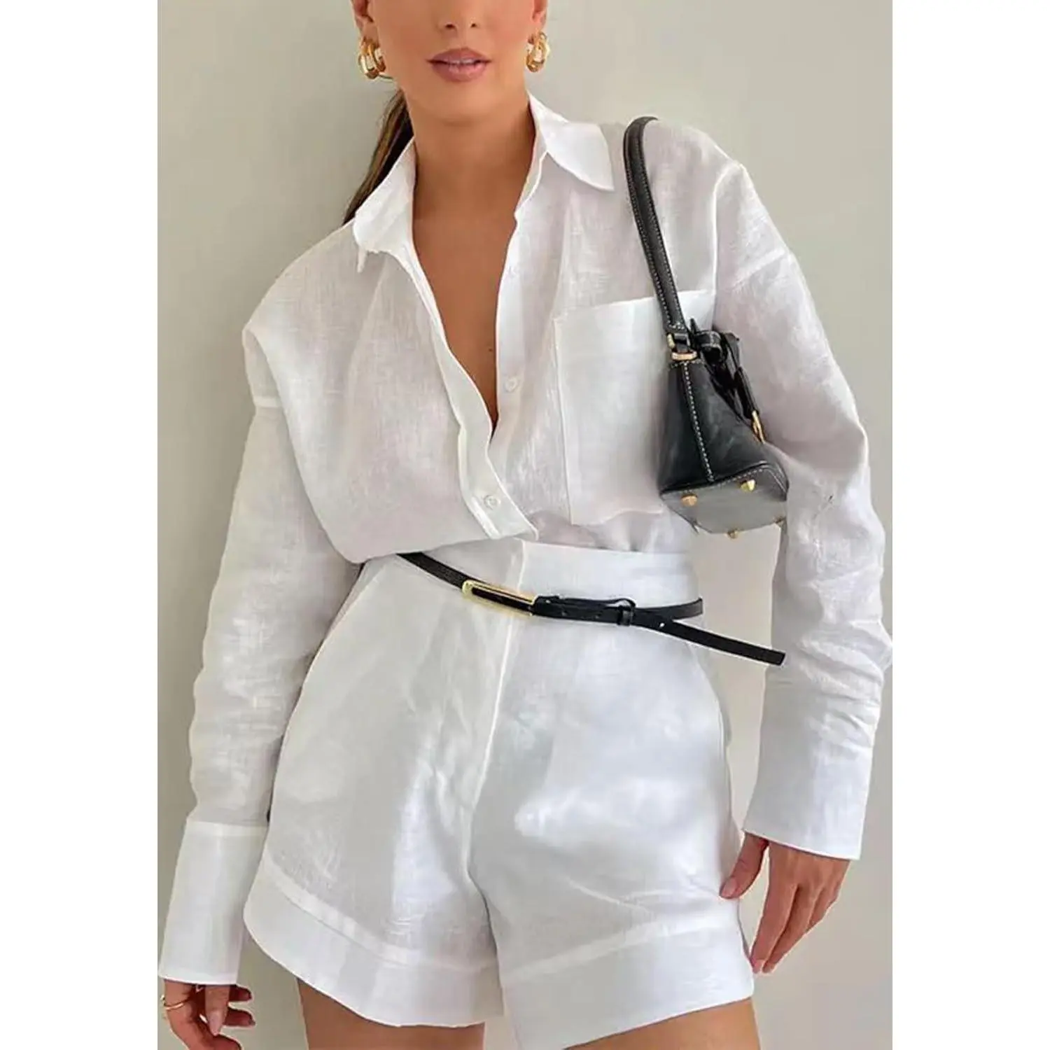 Unybwonn Women's 2-Piece Casual Set - Lightweight, Sheer Long Sleeve Button-Down Blouse, Elastic High-Waisted Shorts, Cute Elegance Outfit, Lady