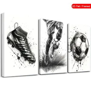 2D Flat Painting, 3-Piece Framed Football Shoes Wall Art Collection, Vibrant Sports Canvas Print, Retro Style Home Decor