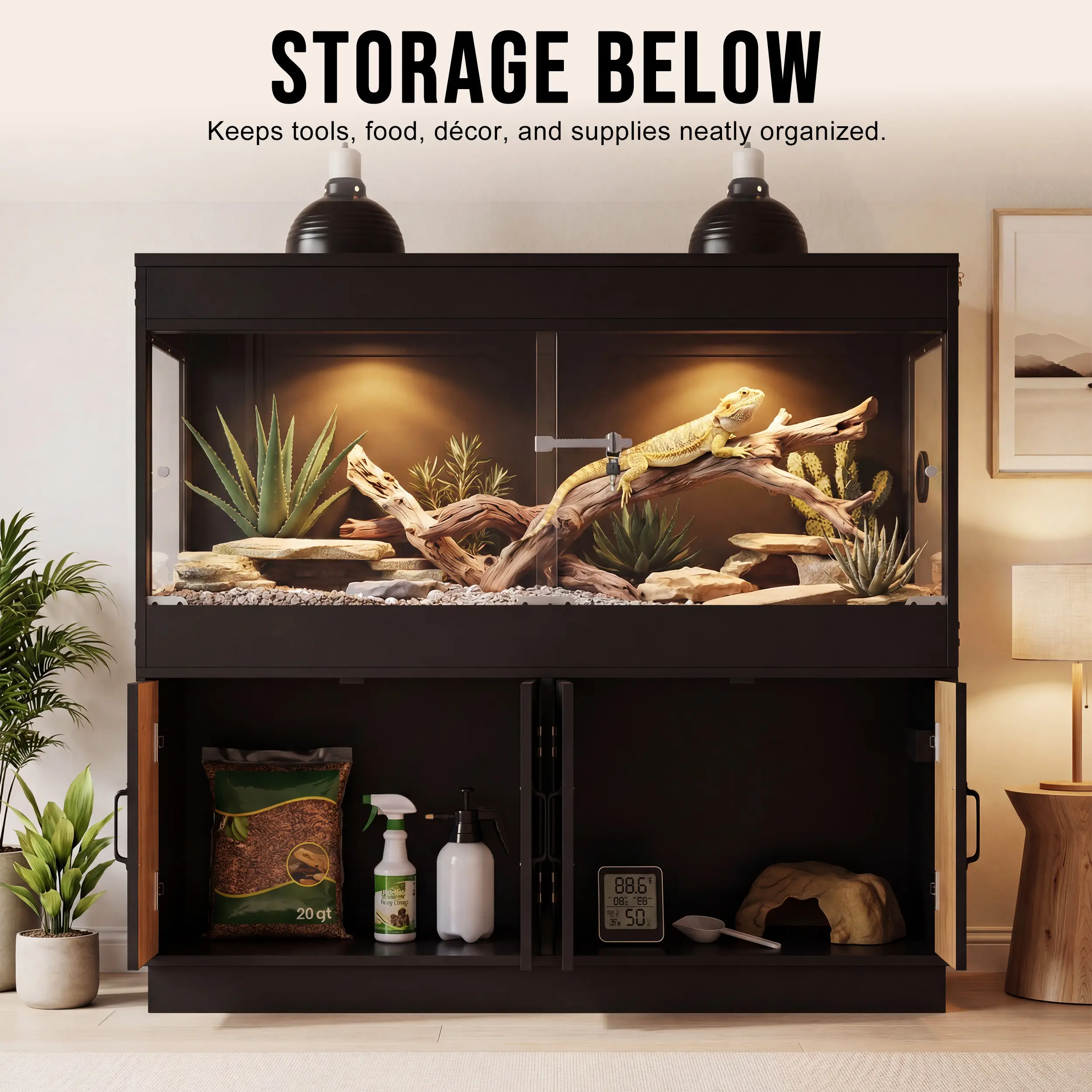BELNET 120 Gal Black Reptile Terrarium Tank with Storage Cabinet, 4x2x2 Stand, Glass Doors, Locking Mesh Top, Acrylic Side Panels, Built-In Power Supply