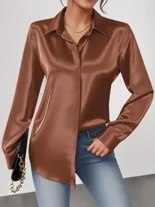 Elegant Pure Color Office Long Sleeve Shirt Fitted for Women, European and American Fashion Business Style, Commuter Wear, Ladies' Workwear