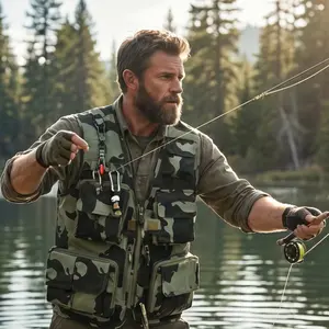 Men’s camouflage outdoor multi-pocket tactical vest top for photography and fishing, suitable for photographers, fishing enthusiasts, mountaineering hikers, and outdoor sports personnel; ideal for storing tools, accessories, and personal items.