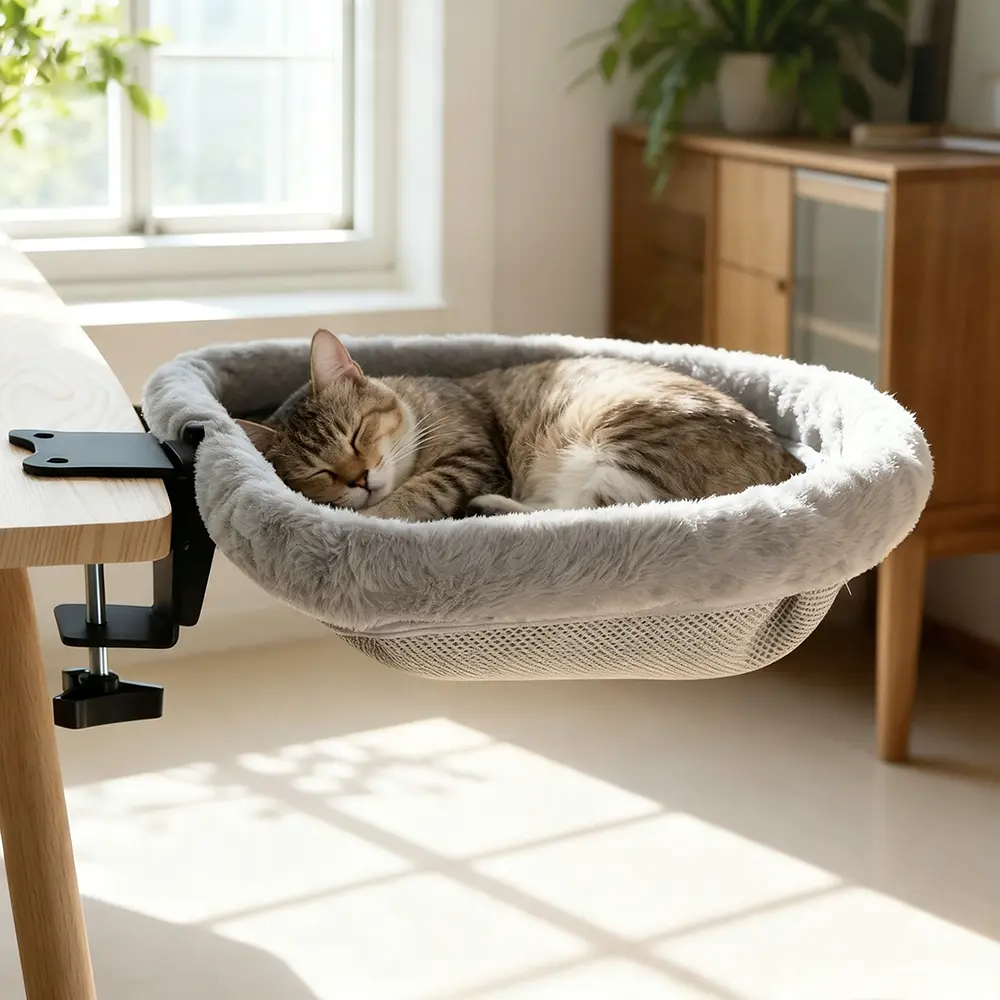 Clamp On Desk Cat Hammock, 360° Rotatable Desk Mount Cat Bed, Space Saving Soft Plush Cat Perch Nest, Foldable Desktop Cat Bed for Indoor Cats Up To 40Lbs