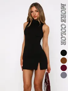 Autumn Essential Split Hem Dress, Y2K Style Fitted Plain Design, Versatile Basic Dress for Fall, Comfortable and Stylish