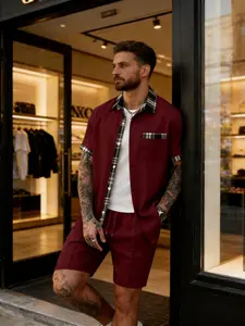 Men's Casual Plaid Waffle Knit Top Set (short Sleeve, Button Neckline, Belted Shorts), Daily Wear, Vacation, Street Style