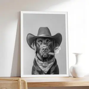 Chocolate Lab Cowboy _ Western Dog Vintage Labrador,vintage, couple，Minimalist Neutral Poster Print, Aesthetic Wall Decor for Bedroom.