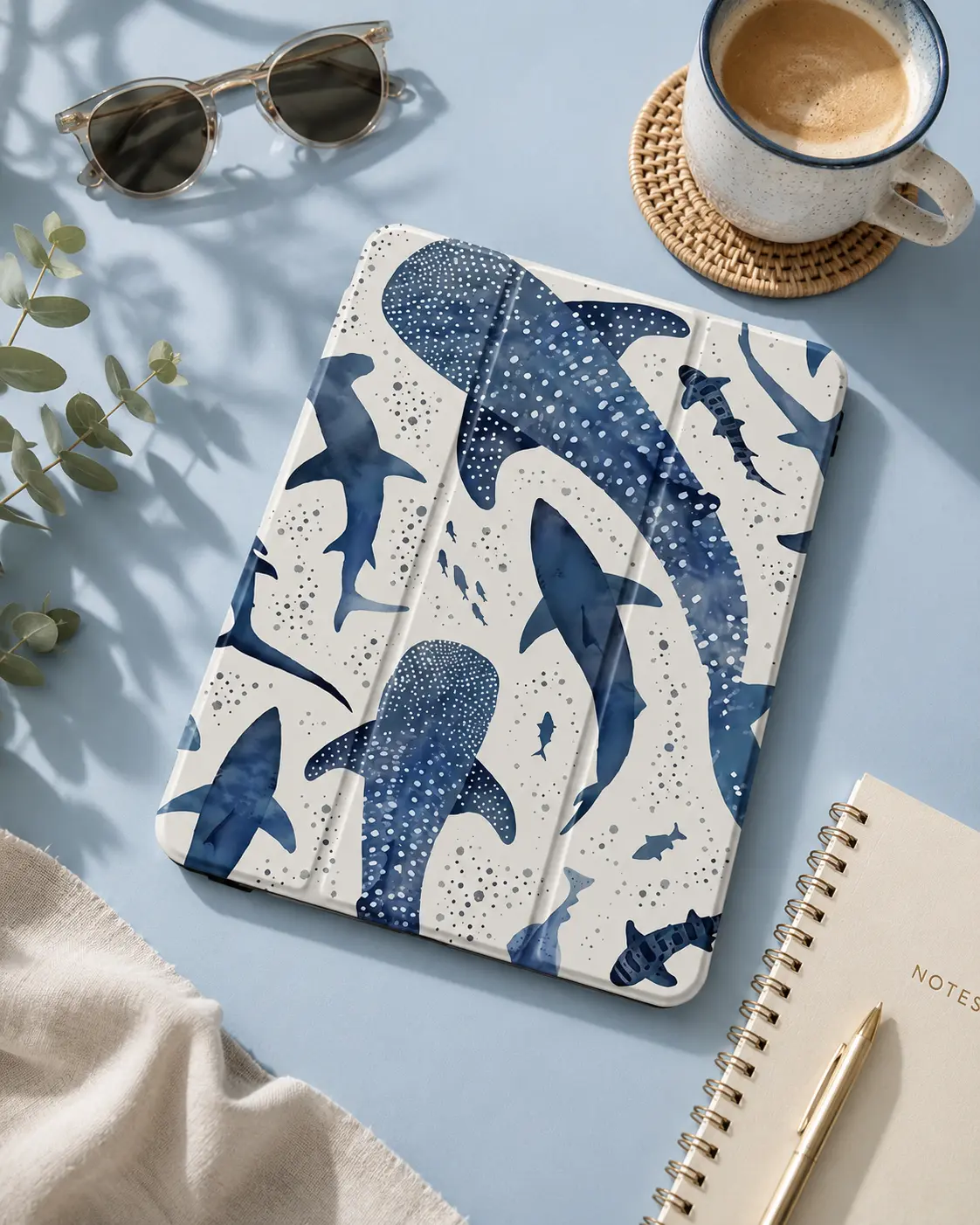 Whale Shark & Dolphin iPad Case, Blue Ocean Animal Tablet Cover with Foldable Stand, Marine Life Protective Case for School and Travel