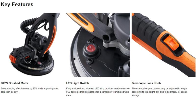 VEVOR Electric Drywall Sander 900W, TikTokShopBlackFriday, Self-Suction & Variable Speed 800-1800 RPM, Foldable Handle & Self-Suction, with LED Strip Light and Vacuum Bag Power Tool  VEVOR Super Brand Day