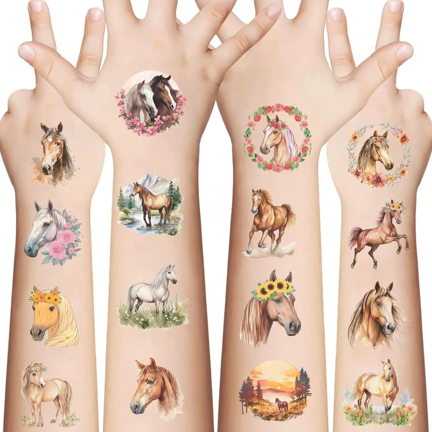 10 Pcs Kids Cartoon Horse Theme Temporary Fake Tattoos Waterproof Design Sweatproof Party Favors Stickers, Fun Summer Pool Beach Accessories, Sweat Resistant