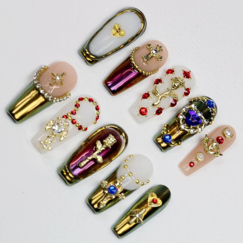 Soluxe Nails - Blue Heart Gem Stiletto Press On Nails, Chrome Green Finish, Elegant Rose & Cross Design, Bold Gothic Glam Statement Style