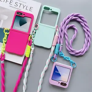for Samsung Galaxy Z Flip 7 FE 6 5 4 3 Zflip6 Z Flip5 Flip4 Crossbody Lanyard Candy Color Fold Phone Case Shockproof Soft Cover