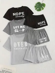 Women's Letter Print Sleepwear Set, Three-Piece Matching Short Sleeve Shorts Pajama Suit, Casual Loose Fit All Seasons Homewear Loungewear Pjs Outfits