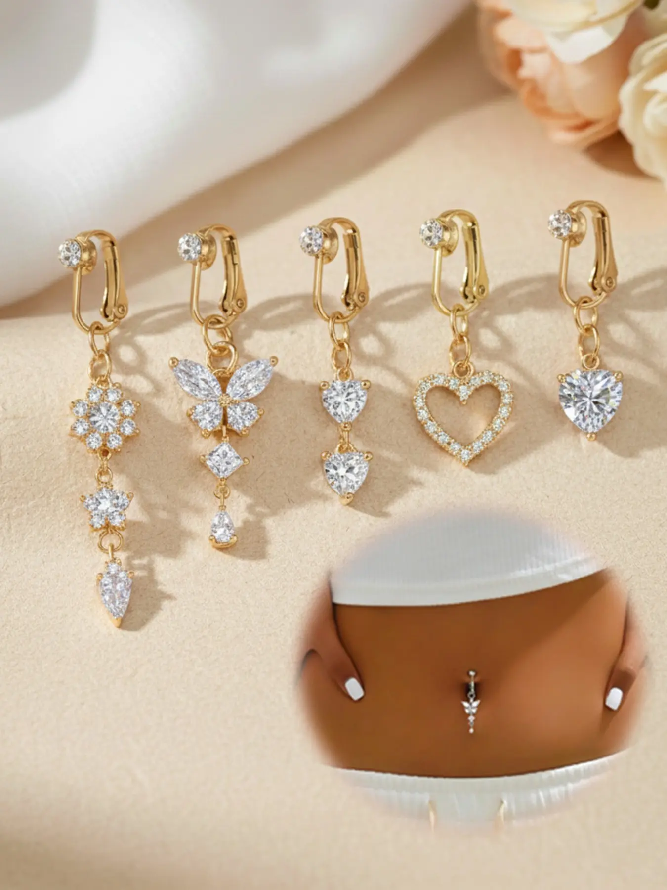 Non-Piercing CZ Butterfly Shaped Fake Belly Rings, Belly Button Rings, Stainless Steel Clip-On Design Jewelry, Women's Fake Navel Rings with Comfort Silicone Pad