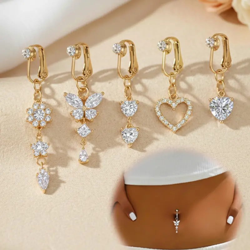 Non-Piercing CZ Butterfly Shaped Fake Belly Rings, Belly Button Rings, Stainless Steel Clip-On Design Jewelry, Women's Fake Navel Rings with Comfort Silicone Pad, Body Jewellery