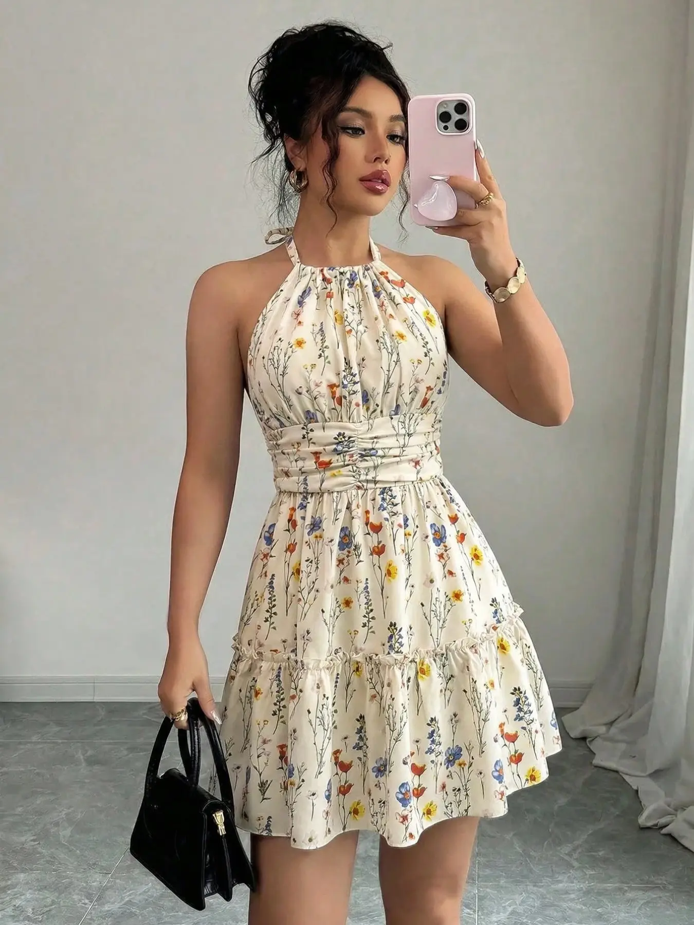 Elegant Summer Dress 2026, Chic Floral Print Halter Neck, Slimming Waist Design, Short Length, Perfect for European and American Fashion, Bohemian Aesthetic, Bohemian Style Dresses, Boho