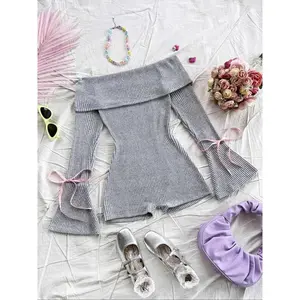 Women's off shoulder knitted jumpsuit, ribbed long sleeved flared pants, jumpsuit with bow, slim fit, sexy, cute, tie hair, casual game outfit, autumn/winter street wear, party wear, fashionable jumpsuit, fashionable daily wear, pajamasRAIMENTRY