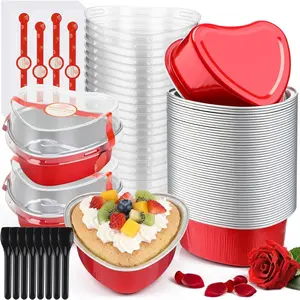 50 Sets 3.4 oz Mini Heart Shaped Cake Pans with , Spoons and Sealing Stickers,  Foil Small Cupcake Baking Pan Tin Mold for Wedding Mother's Day Valentine Birthday(Red)