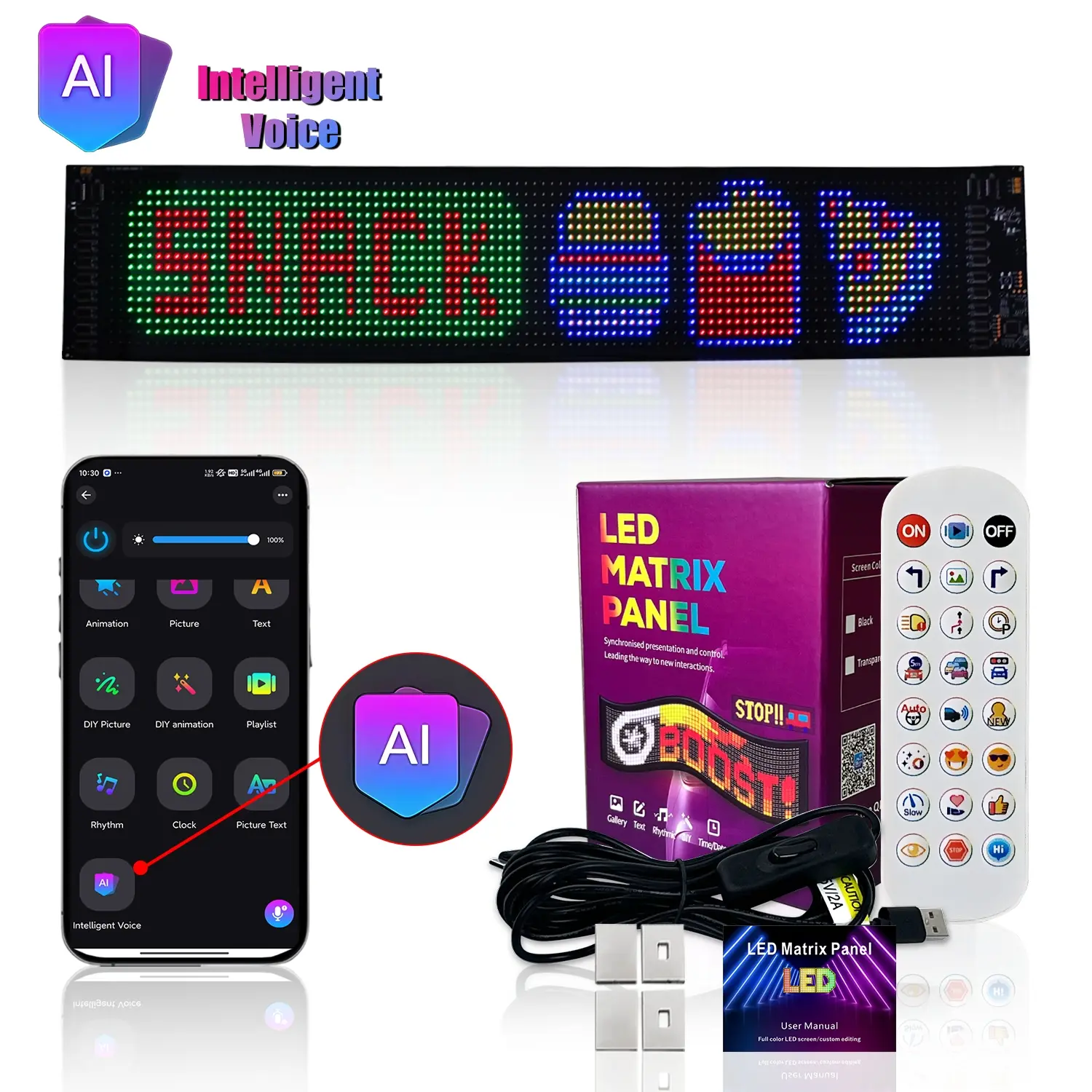 Ai Voice Control LED Display Screen, APP Programmable Flexible RGB Matrix, USB Powered, Ideal for Car Restaurant Home Christmas Decoration