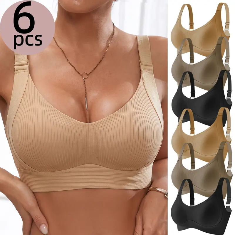 Women's 6-Pack Cotton Plain Ribbed Wireless Padded V-Neck Athletic Sports Bras - Adjustable Straps, Medium Support, Machine Washable Activewear for All Seasons Gym Use