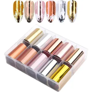 10 Sheets Holographic Nail Art Foil Transfer Stickers - Metallic Color Print Nail Decals 3D Self-Adhesive Stickers DIY Manicure Decoration Kit