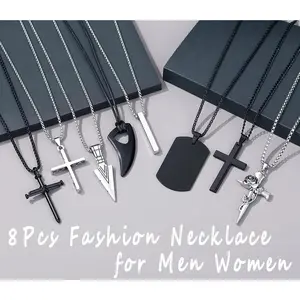 8Pcs Fashion Necklace for Men Women Mens Necklaces Jewelry Set Black Silver Stainless Steel Cross Pendant 16-24 inches Chain Hand Tools Kits