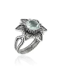 Filigree Art Prasiolite Gemstone Daisy Flower Women Silver Cocktail Ring