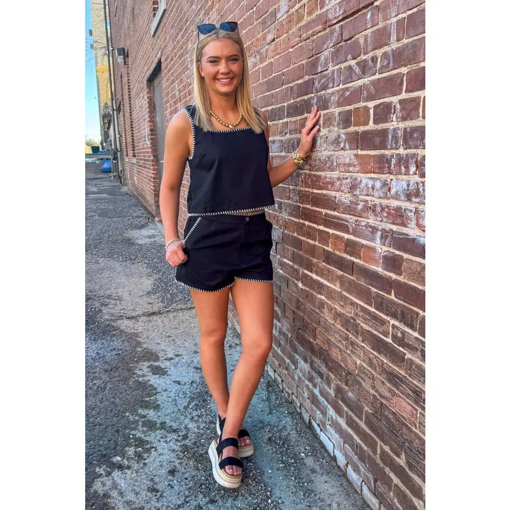 Blanket Stitch Matching Shorts Set-Black