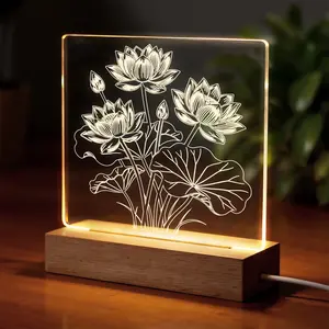 Acrylic Lotus Flower Photo Frame Lamp with Wooden Base - Soft Backlight Decorative Night Light for Home Bedroom acrylic  picture  frame