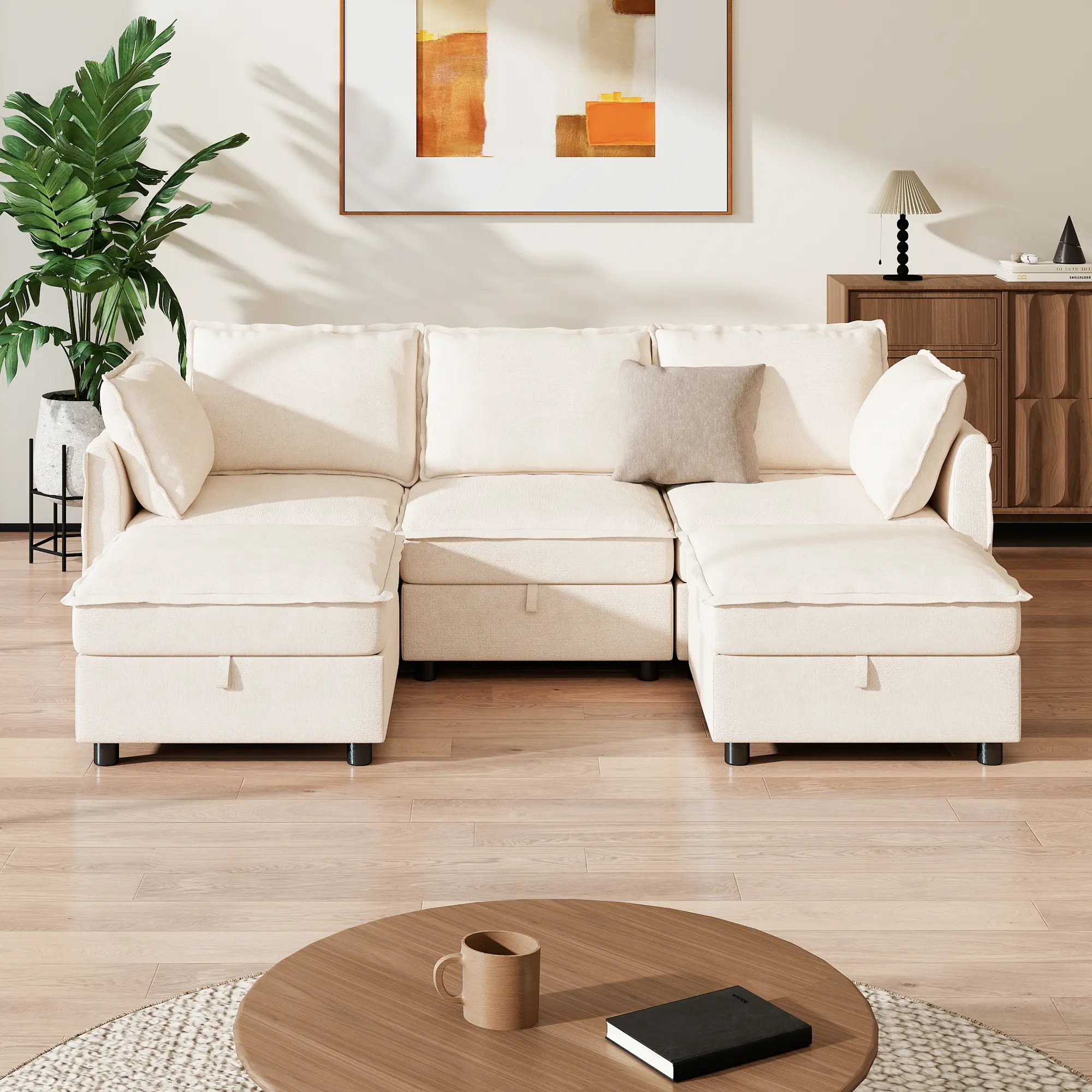 GuroMagicSofa 97" Modular Sectional Sofa with Storage, U-Shaped Modern Sofa Couch with Movable Ottomans for Living Room, Office, Beige
