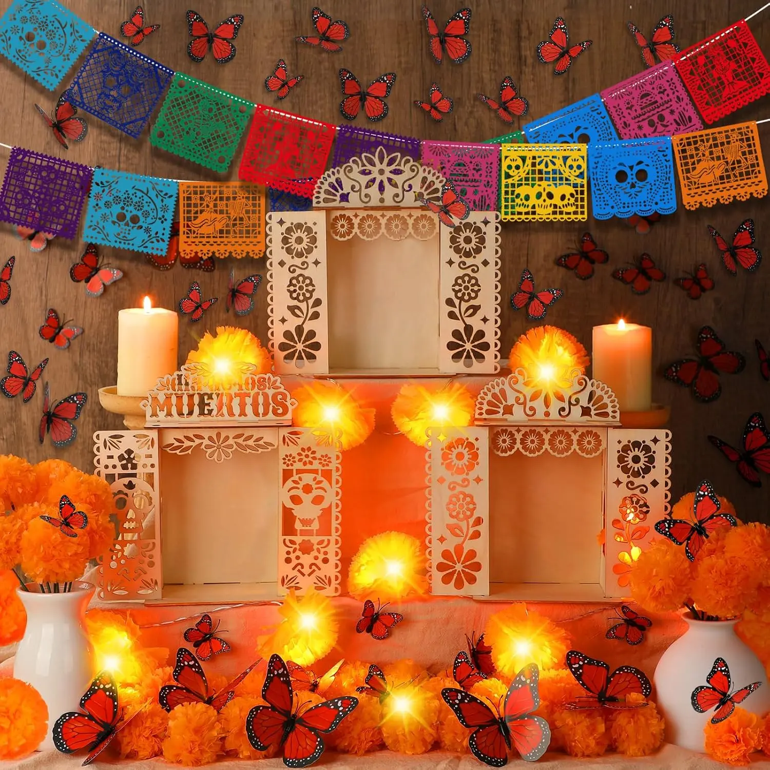 Dia De Los Muertos Ofrenda Altar Decorations Set, Day of the Dead Wooden Shadow Box Decor with Marigold Garland, Papel Picado Banner, Lights and Remembrance Picture Frame for Home Party Memorial Display