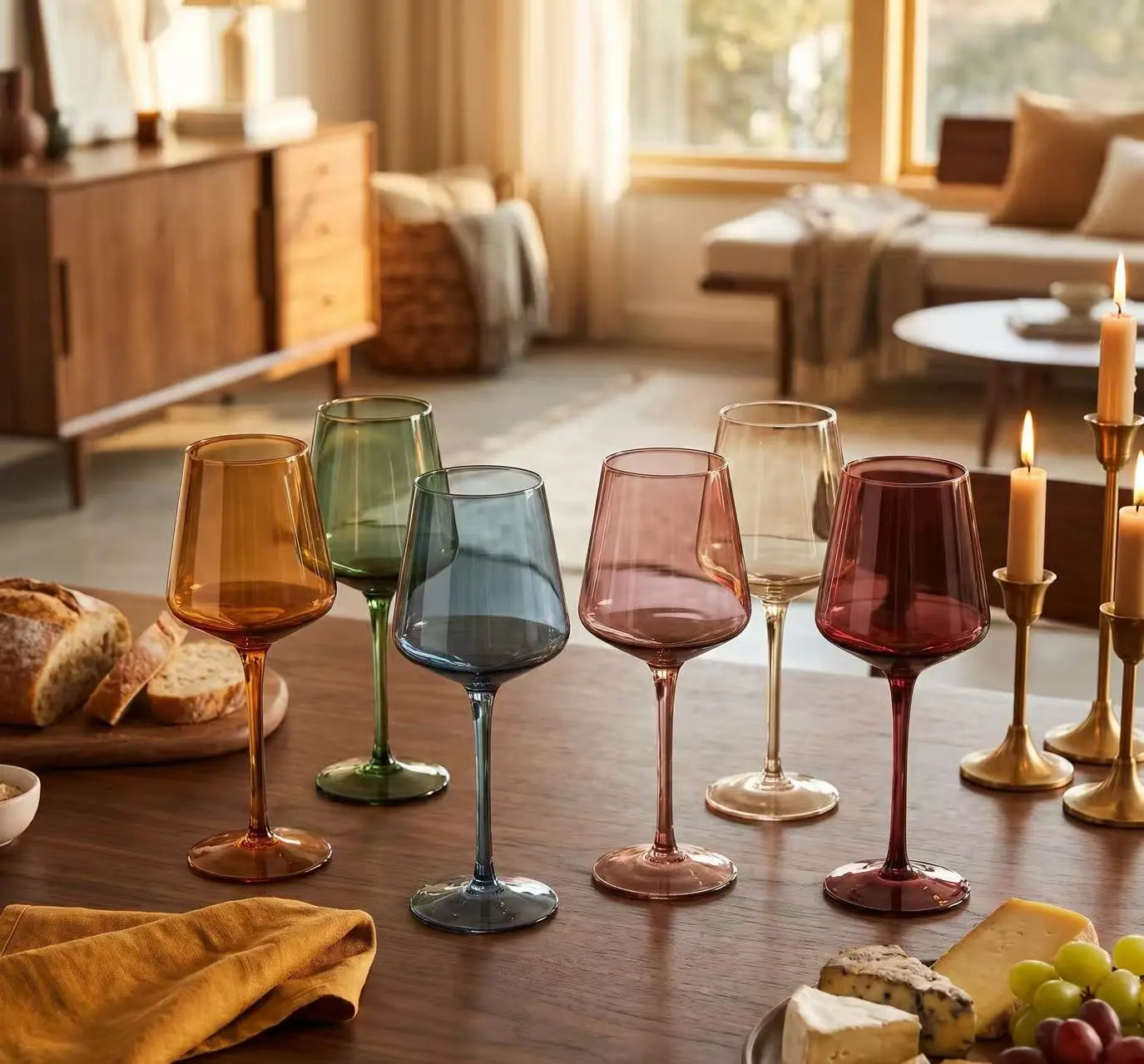 6 Pack Vibrant Handmade Wine Glasses, Large Capacity Stemmed Wine Goblets, Hand Blown Colored Wine Cups for Dinner Party Wedding Bar Decor, Ideal Holiday Birthday Gift for Men Women