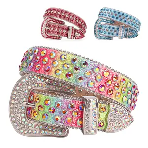 Shiny Luxury Rainbow Klein Stone Western Buckle Belt, Summer Fashion Holographic Belt, Rhinestone Cowgirl Belt, Glitter Sparkle Punk Belt for Party Dance, Daily Clothing Decoration Style cheetah print belt belts men