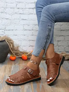 Women's Vintage Style Velcro Flat Heel Sandals, Back Strap Buckle Casual Slippers, Summer Beach Vacation Commuter Walking Shoes, Classy Sandals