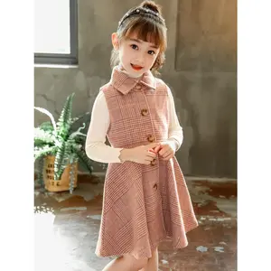 Girls' and Autumn Plaid Vest Dress, Doll Collar Sleeveless Dress, Retro Waist Cinched A-line Skirt, Versatile Children's Dress and Autumn