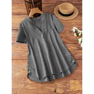 Elegant plus-size women’s V-neck short-sleeved shirt, simple design, suitable for everyday wear as a loose casual top, suitable for all seasons GARMENTARY