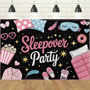 1pc 2D Pink Black Sleepover Party Backdrop Banner, Cartoon Pillow & Eye Mask & Snack Elements, Sweet & Lively Style, Perfect for Girls' Sleepover Party, Girlfriends Gathering, Birthday Slumber Party Decor, Photo Booth Prop