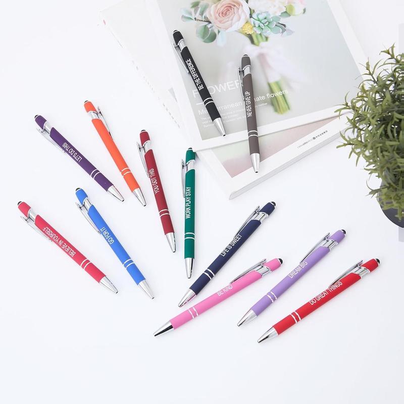12 Pack Fine Point Smooth Writing Pens with Inspirational Tips, Black Ink, Touch Stylus Screens, Motivational Gift for Office & Desk Accessories