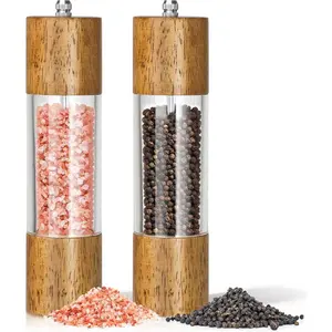 2-Pack 8 Inch Wooden Salt and Pepper Grinder Set, Manual Adjustable Ceramic Grinding, Refillable Acrylic, Custom Coarse to Fine Settings, for Home Dining & Gifts