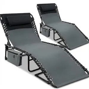 2 Pack Chaise Lounge Chair Outdoor, 5-Position Adjustable Sun Tanning Chair with Carry Handle & Side Pocket – Folding Bed Cot with Removable Pillow for Garden, Beach, Patio, Pool, Camp