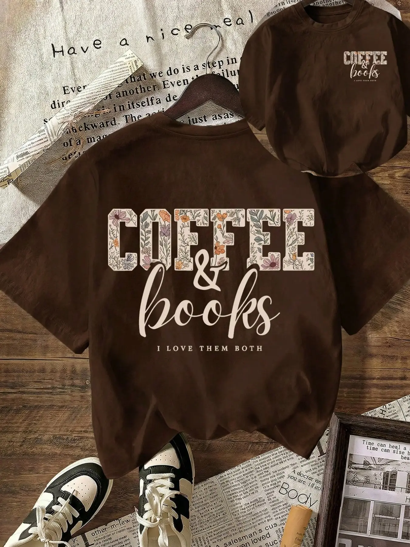 COFFEE Floral Flower Graphic T-Shirt, Gift For Book Lovers, Women's Casual Round Neck Short Sleeve Tee, Spring And Summer