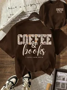 COFFEE Floral Graphic T-Shirt, Gift For Book Lovers, Women's Casual Round Neck Short Sleeve Tee, Spring And Summer