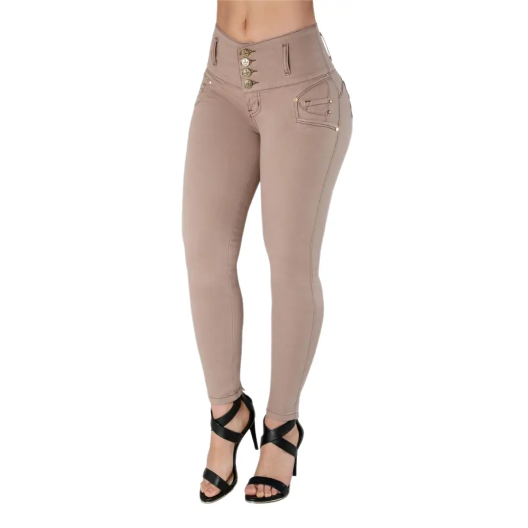 Women's Beige High-Waist Butt-Lifting Slim Skinny Denim Jeans - High-Rise Stretch, Comfortable Fit, Basic Style Women's Bottom Pants TK424, High-Rise Stretch Jeans