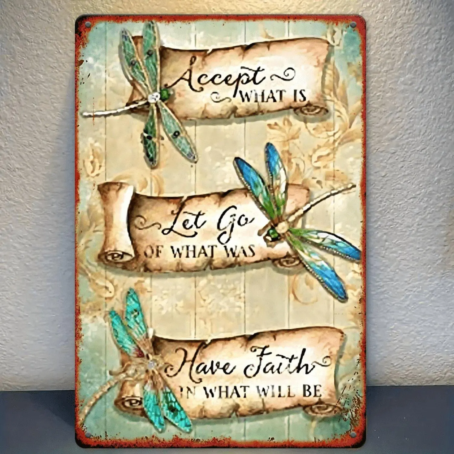 Prints Flat Dragonfly Metal Tin 8x12 Inch Retro Dragonflies Art Durable Metal Picture for Cafe Kitchen Easy to Hang Outdoor with Dragonfly Theme Irregular Cutout Decorative Panel Wall Art
