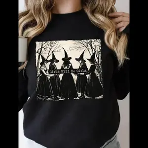 NewWomen's Halloween Themed Witch Print Drop Shoulder Sweatshirt, Casual Long Sleeve Round Neck Pullover for Daily Wear, Ladies Fall & Winter Clothes