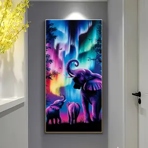 1 Set 40*70cm/15.7*27.5inches Popular Large Frameless Diamond Painting Elephant Family in Forest Under Aurora, 5D Full Round Design Diamond Painting Art Craft|Mosaic decoration craft suitable for wall and tabletop decoration|Creative Stress Relief Crafts|