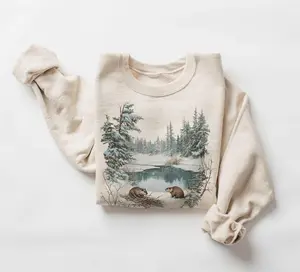 Retro Beavers Winter Pond Snowy Scene Sweatshirt - Nineties 90s Vintage Cute Woodland Creatures Outfit - Boho Unisex Crewneck Sweatshirt